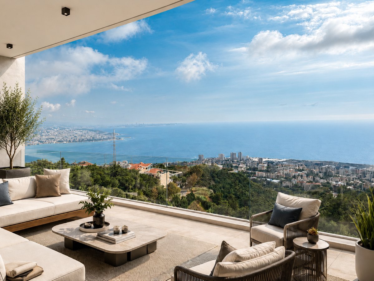 Panoramic terrace with outdoor seating overlooking the bay and the Mediterranean