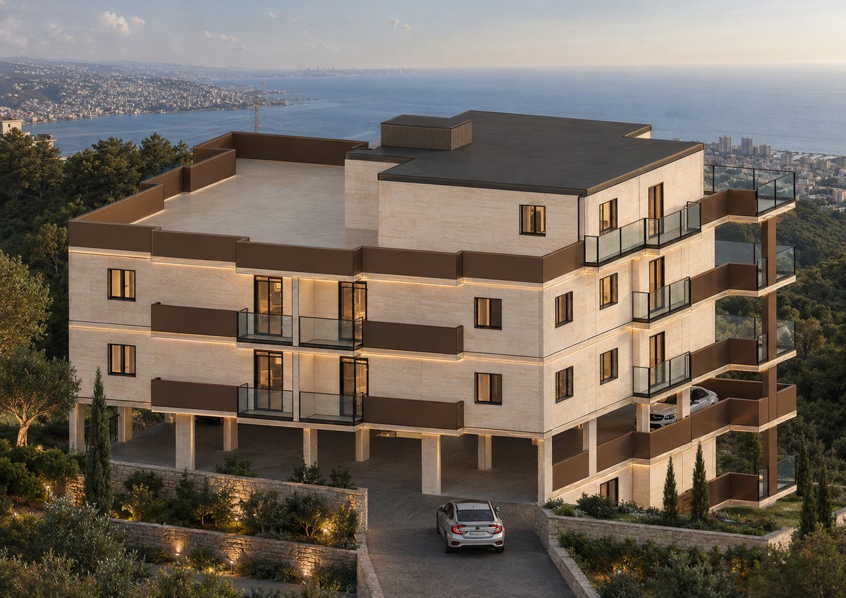 Aurea Residence seen from above, with the bay of Jounieh and the Mediterranean beyond