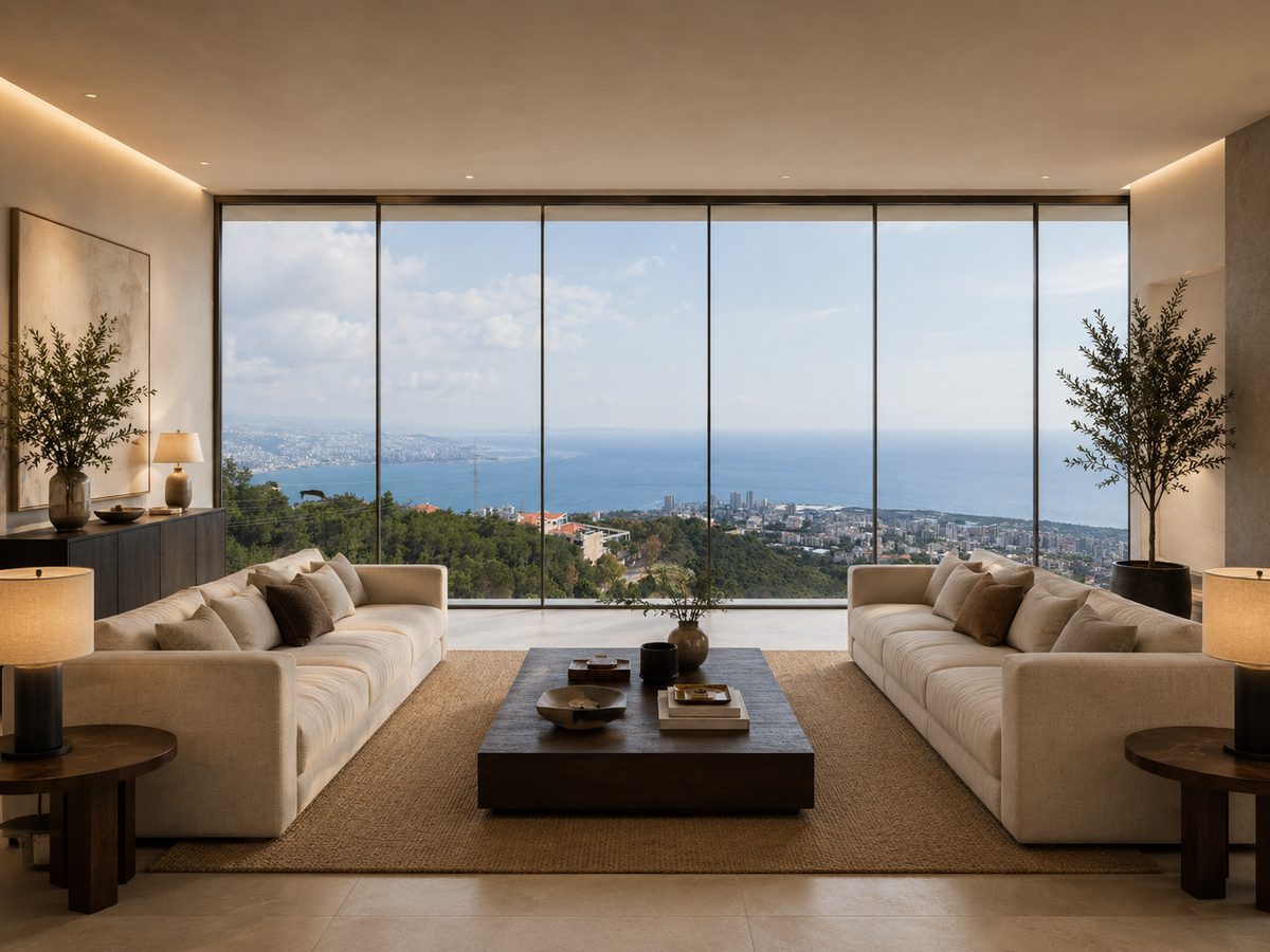 Living room with panoramic sea view